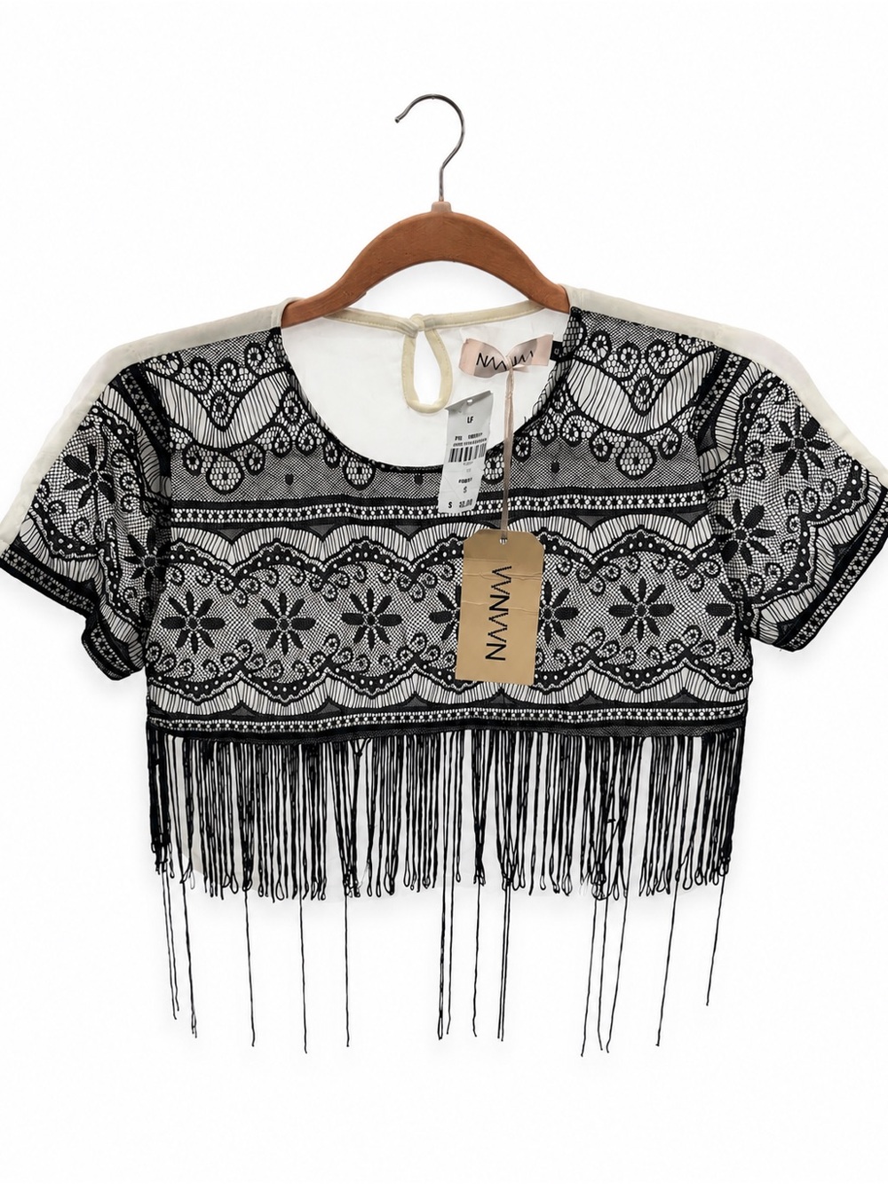 Naanaa Women’s Black & White Sheer Lace Fringe Crop Top – Size S – New With Tags